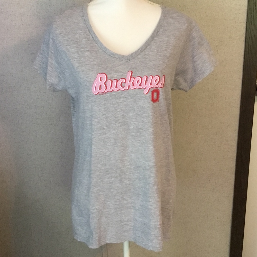 Gray V-neck Buckeyes Tee with Pink Script